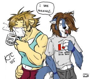 Rating: Safe Score: 0 Tags: anthro beverage canada canadian_flag canid canine canis coffee dialogue duo e621 english_text felid food kensukethecat lion male mammal maple_leaf pantherine scratch tail text wolf User: bunchy7s