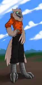 Rating: Safe Score: 0 Tags: 2011 absurd_res anthro avian barefoot beak biped bird black_beak bottomwear brown_body brown_feathers chest_tuft clothed clothing cloud detailed_background e621 feathers feet grass green_eyes grey_body grey_skin hi_res hoodie looking_at_viewer male outside pants plant sky slim solo standing syynx syynx_(character) talons teal_eyes toes tongue tongue_out toony topwear tuft User: bunchy7s