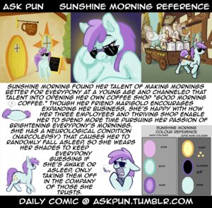 Rating: Safe Score: 0 Tags: ask_pun beverage cart coffee e621 english_text equid equine eyewear female feral food hasbro horse mammal model_sheet my_little_pony narcolepsy pony quadruped solo sunglasses sunshine_morning_(mlp) tail text unknown_artist User: bunchy7s