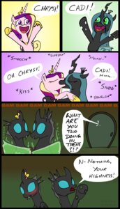 Rating: Safe Score: 0 Tags: 2012 arthropod black_body blush changeling_(mlp) comic crown dialogue drone_(mlp) duo e621 english_text equid equine fangs feathered_wings feathers female female/female feral friendship_is_magic fur green_eyes green_hair hair haretrinity hasbro headgear horn insect_wings interspecies kissing mammal multicolored_hair my_little_pony mythological_creature mythological_equine mythology pink_body pink_feathers pink_fur princess_cadance_(mlp) purple_eyes queen_chrysalis_(mlp) teeth text transformation winged_unicorn wings User: bunchy7s