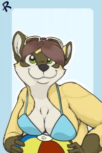 Rating: Questionable Score: 0 Tags: 2014 anthro ball beach_ball bikini breasts brown_hair canid canine clothing e621 eyewear female fox goggles hair hi_res hybrid inflatable mammal pool_toy procyonid raccoon rhari solo swimwear two-piece_swimsuit User: bunchy7s