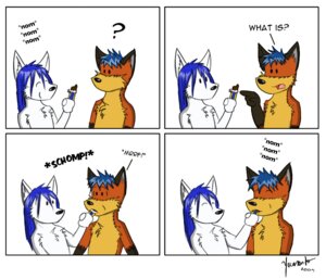 Rating: Safe Score: 0 Tags: anthro blue_hair candy canid canine canis chocolate comic dessert dialogue duo e621 eating english_text food fox hair male mammal text wolf yamanto User: bunchy7s
