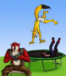 Rating: Safe Score: 0 Tags: abs amonomega anthro biceps black_nose bottomwear bulge canid canine canis chest_tuft clothed clothing e621 eyes_closed fox fur grin group jacket lying male mammal muscular on_back open_clothing open_mouth open_shirt open_topwear pants pawpads paws pecs pose red_body red_fur shirt shorts sitting smile spread_legs spreading tail tan_body tan_fur topless topwear trampoline tuft upside_down vest wolf yellow_eyes User: bunchy7s