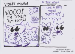 Rating: Safe Score: 0 Tags: agouti-rex animate_inanimate anthro comic commentary dialogue duo_focus e621 english_text felid female group male mammal monochrome parody pen_(artwork) purple_and_white purple_pussy_(character) purple_pussy_(comic) rant rodent shmorky simple_background tail text textured_background traditional_media_(artwork) what User: bunchy7s