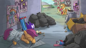 Rating: Safe Score: 0 Tags: 16:9 2012 apple_bloom_(mlp) applejack_(mlp) blonde_hair clothing cowboy_hat cutie_mark e621 earth_pony equid equine eyes_closed female feral friendship_is_magic green_eyes group hair hasbro hat headgear headwear homeless horse kanashiipanda mammal my_little_pony pony quadruped rainbow_dash_(mlp) red_hair scootaloo_(mlp) sibling_(lore) sister_(lore) sisters_(lore) sleeping tail trash widescreen young young_feral User: bunchy7s