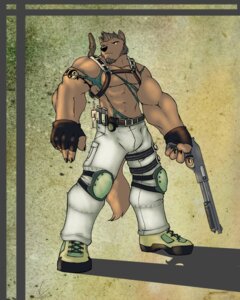Rating: Safe Score: 0 Tags: 2013 4:5 abs abstract_background absurd_res anthro armor athletic beard belt biceps big_muscles biped black_nose blue_eyes boots bottomwear brown_body brown_fur brown_hair bulge canid canine canis claws clothed clothing e621 facial_hair fingerless_gloves footwear fur gloves gun hair handwear hi_res knee_pads male mammal muscular muscular_anthro muscular_male ninjav pants pecs pose ranged_weapon shirt shoes shotgun simple_background solo standing tan_body tan_fur tattoo topless topwear torn_clothing weapon wolf User: bunchy7s