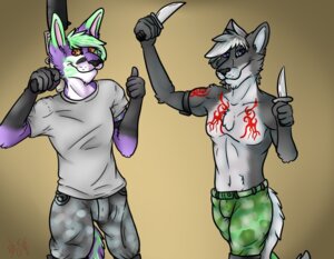 Rating: Safe Score: 0 Tags: allengrad anthro blue_eyes bottomwear camo camo_bottomwear camo_clothing camo_pants camo_print canid canine canis clothed clothing dante_allengrad domestic_dog duo e621 fennec_fox fox fur green_hair green_markings grey_body grey_fur gun hair husky knife looking_at_viewer male mammal markings military nordic_sled_dog pants pattern_bottomwear pattern_clothing pattern_pants purple_body purple_fur ranged_weapon shotgun siberian_husky spitz tail topless true_fox weapon xchiseaxmargaritax User: bunchy7s