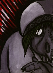 Rating: Safe Score: 0 Tags: aceo ambiguous_gender animal_mask anthro avian banrai beak_mask bird black_body black_feathers corvid corvus_(genus) cowl crow e621 feathers green_hair grey_body hair hood mask oscine passerine solo tias_macase User: bunchy7s