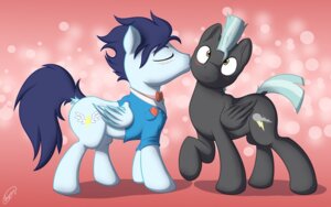 Rating: Safe Score: 0 Tags: 2013 black_body black_feathers black_tie_(suit) blue_body blue_feathers blue_hair blush bow_(feature) bow_tie clothing cutie_mark derp_eyes duo e621 equid equine eyes_closed feathered_wings feathers feral friendship_is_magic grey_hair hair hasbro hi_res jacket kiss_on_cheek kissing male male/male mammal mohawk multicolored_hair my_little_pony mythological_creature mythological_equine mythology pegasus romantic romantic_couple skipsy soarin_(mlp) standing suit tail thunderlane_(mlp) topwear two_tone_hair wings wonderbolts_(mlp) User: bunchy7s