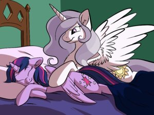Rating: Questionable Score: 0 Tags: 2013 4:3 artist_collaboration bed cutie_mark digital_media_(artwork) duo e621 equid equine eyes_closed fan_character feathered_wings feathers female feral fizzy-dog friendship_is_magic fur furniture goattrain hair hasbro horn lying mammal multicolored_hair my_little_pony mythological_creature mythological_equine mythology on_front princess_celestia_(mlp) princess_molestia purple_body purple_eyes purple_fur purple_hair quadruped shaded sleeping tail twilight_sparkle_(mlp) two_tone_hair white_body white_fur winged_unicorn wings User: bunchy7s