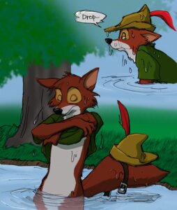 Rating: Safe Score: 0 Tags: anthro bbcat belt belt_on_tail bottomless canid canine clothed clothing colorized_edit disney e621 fox half_submerged hat_on_tail male mammal partially_submerged pond red_fox robin_hood robin_hood_(disney) shirt solo tail topwear true_fox tunic undressing water User: bunchy7s
