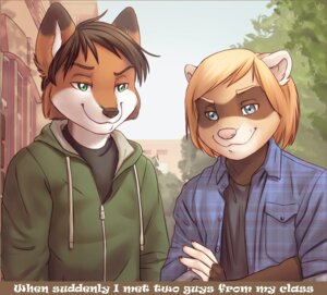 Rating: Safe Score: 0 Tags: anthro blonde_hair blue_eyes canid canine clothed clothing comic commie_block digital_media_(artwork) domestic_ferret duo e621 english_text fox green_eyes hair hi_res iskra male mammal marcel_the_ferret mustelid musteline neo-classical_architecture outside plant shaded text tree true_musteline urban weasel User: bunchy7s