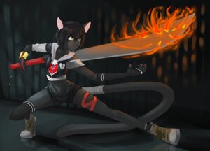 Rating: Safe Score: 0 Tags: 2010 anthro bandage black-kat black_hair bottomwear clothing crouching domestic_cat e621 felid feline felis female fire flaming_sword hair holding_melee_weapon holding_object holding_sword holding_weapon katana_(black-kat) legband mammal melee_weapon moomanibe pose shirt short_hair shorts solo sword tail tail_wraps tomboy topwear weapon wraps yellow_eyes User: bunchy7s