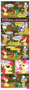 Rating: Questionable Score: 0 Tags: 2011 absurd_res apple_bloom_(mlp) applejack_(mlp) bone box cannibal_holocaust cannibalism comic container cutie_mark cutlery dialogue diamond_tiara_(mlp) e621 ear_piercing earth_pony english_text equid equine female feral food friendship_is_magic hasbro hi_res horse humor kitchen_utensils konami_code mammal my_little_pony piercing pixelkitties pony pun skull spoon stew stripes text tools until_they_like_it zebra zecora_(mlp) User: bunchy7s