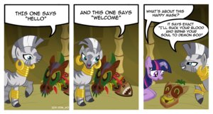 Rating: Safe Score: 0 Tags: 2011 blue_eyes comic digital_media_(artwork) don_ko duo e621 ear_piercing english_text equid equine female feral friendship_is_magic fur greeting hair hasbro horn inside jewelry mammal mask multicolored_hair my_little_pony mythological_creature mythological_equine mythology piercing purple_body purple_eyes purple_fur purple_hair ring stripes text twilight_sparkle_(mlp) two_tone_hair unicorn zebra zecora_(mlp) User: bunchy7s
