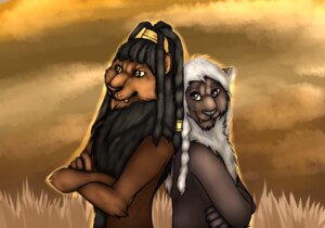Rating: Safe Score: 0 Tags: amber_eyes anthro black_body black_fur black_hair body_hair braided_hair brown_body brown_fur chest_tuft crossed_arms dreadlocks duo e621 fangs felid fur grey_eyes grey_hair hair happy_trail leon_darkclaw lion male mammal pantherine takaa teeth tribal tuft yosha User: bunchy7s