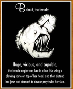 Rating: Questionable Score: 0 Tags: ambiguous_gender anglerfish aquatic black_background e621 english_text feral fish glowing heart_symbol lure_(anatomy) open_mouth sharp_teeth simple_background solo teeth text the_oatmeal User: bunchy7s