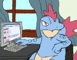 Rating: Safe Score: 0 Tags: 2010 4chan ambiguous_gender annoyed anthro awesome_face back_spikes bludragoon blue_body blue_scales blue_skin chair claws colored_sketch computer computer_monitor crocodilian curtains day desk detailed_background digital_drawing_(artwork) digital_media_(artwork) e621 electronics fangs feraligatr finger_claws flat_colors flying_spaghetti_monster furniture generation_2_pokemon head_spikes i_can't_fap_to_this inside keyboard lol_comments meme nintendo orange_eyes pokemon pokemon_(species) red_body red_skin red_spikes reptile scales scalie sitting sketch solo spikes spikes_(anatomy) table teeth white_claws window ಠ_ಠ User: bunchy7s