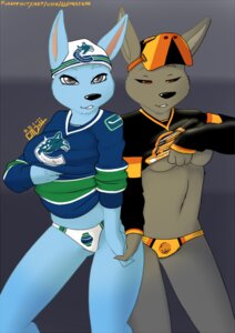 Rating: Questionable Score: 0 Tags: anthro beanie breasts clothed clothing clothing_lift duo e621 female hand_holding hat headgear headwear hockey hockey_mask jersey lagomorph lapinstein leporid mammal mask midriff navel nhl panties rabbit shirt shirt_lift sport sports_mask sportswear topwear under_boob underwear vancouver_canucks User: bunchy7s