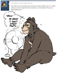 Rating: Safe Score: 0 Tags: 2013 anthro artdecade bear biped e621 electric_fan english_text male mammal nude oscillating_fan sitting sloth_bear solo text thought_bubble tumblr ursine willy_(artdecade) User: bunchy7s