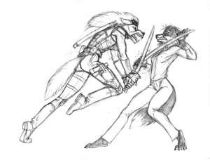 Rating: Safe Score: 0 Tags: angry anthro armor asian_sword black_nose canid canine canis claws duo e621 erin_petrova eyewear fangs female fight fox fur goggles graphite_(artwork) greyscale gun handgun katana kiruki mammal melee_weapon monochrome nipple_outline pistol ranged_weapon scabbard scott_ruggels simple_background sketch snarling sword tail teeth traditional_media_(artwork) weapon white_background wolf User: bunchy7s