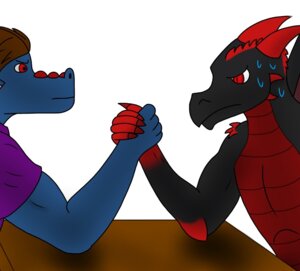 Rating: Safe Score: 0 Tags: 5_fingers anthro arm_wrestling black_body black_skin blue_body blue_skin bodily_fluids brown_hair claws clothed clothing competition dragon duo e621 european_mythology fight fingers furniture gengar_wheeler gloves_(marking) hair hevxin horn male markings mythological_creature mythological_scalie mythology nude pupils red_body red_eyes red_skin scalie shirt side_view simple_background slit_pupils sweat table topwear western_dragon white_background User: bunchy7s