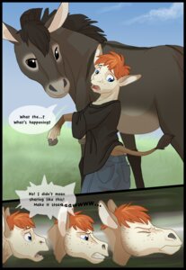 Rating: Safe Score: 0 Tags: anthro asinus blue_eyes braying comic dialogue donkey duo e621 ear_transformation english_text equid equine feral freckled_face freckles growth hair hooves human male mammal orange_hair quadruped size_difference snout snout_growth spirit_pup tail tail_tuft text transformation tuft verbal_reaction_to_tf User: bunchy7s