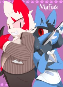 Rating: Safe Score: 0 Tags: anthro blue_body blue_fur canid canine duo e621 fur generation_3_pokemon generation_4_pokemon grey_eyes lucario male mammal markings nekokagebevil nintendo pokemon pokemon_(species) red_eyes red_markings tail white_body white_fur zangoose User: bunchy7s