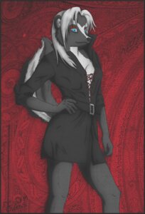 Rating: Safe Score: 0 Tags: 2011 abstract_background anthro black_body black_fur blue_eyes breasts clothing coat e621 eyeliner female fleeks fur hair herm_(lore) makeup mammal mephitid simple_background skunk solo tail topwear trenchcoat twillight_(twillightskunk) white_hair User: bunchy7s
