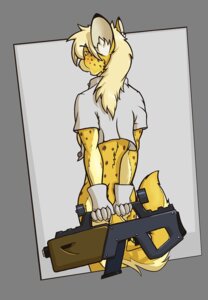 Rating: Questionable Score: 0 Tags: 2011 anthro biped blush bottomless breasts butt chazcatrix cheetah clothed clothing e621 felid feline female looking_at_viewer mammal side_boob solo standing tail unbuttoned weapon User: bunchy7s