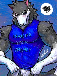 Rating: Questionable Score: 0 Tags: 3:4 abs anthro biceps biped blue_eyes blush bottomless canid canine canis clothed clothing dialogue e621 english_text flexing front_view frustrated fur gloves_(marking) grey_body grey_fur humbuged looking_at_viewer male mammal markings muscular muscular_anthro muscular_male one_eye_closed pecs pose pubes scar shirt shirt_logo simple_background solo speech_bubble standing tail tank_top text tight_clothing topwear vest white_body white_fur wink wolf zulf User: bunchy7s