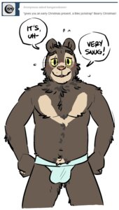 Rating: Questionable Score: 0 Tags: anthro artdecade bear blush bulge clothing comic dialogue e621 english_text jockstrap male mammal sloth_bear solo text tumblr underwear ursine willy_(artdecade) User: bunchy7s