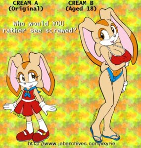 Rating: Questionable Score: 0 Tags: age_progression aged_up amber_eyes anthro big_breasts breasts camel_toe clothing comparison cream_the_rabbit duo e621 female lagomorph leporid low_res mammal nipple_outline rabbit sega size_difference small_breasts sonic_the_hedgehog_(series) vkyrie young young_anthro User: bunchy7s