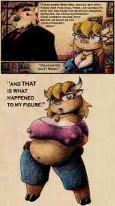 Rating: Questionable Score: 0 Tags: 2010 anthro auxiliary_nipple bacon bell belly big_breasts blonde_hair blue_eyes bovid bovine breasts cattle clothed clothing collar cowbell double_nipples drake_fenwick duo e621 english_text eyewear female flashback food glasses hair hooves horn humor male mammal meat multi_nipple navel nipple_outline nipples obese office overweight shirt solo_focus tank_top text topwear traditional_media_(artwork) User: bunchy7s