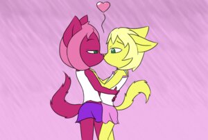 Rating: Questionable Score: 0 Tags: abstract_background anthro clothing digital_media_(artwork) domestic_cat duo e621 felid feline felis female female/female flat_chested green_eyes heart_symbol lamiaaaa mammal simple_background tail young young_anthro User: bunchy7s
