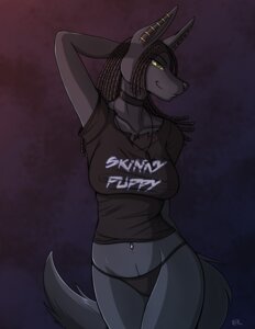 Rating: Safe Score: 0 Tags: 2012 abstract_background ankh anthro anubian_jackal band_shirt big_breasts biped black_hair black_nose breasts canid canine canis clothed clothing collar conditional_dnp digital_media_(artwork) dreadlocks e621 egyptian english_text female front_view green_eyes hair industrial jackal jewelry kadath mammal midriff navel navel_piercing necklace nightshade_(kadath) panties piercing pinup portrait pose raised_arm shaded shirt simple_background skimpy skinny_puppy solo standing tail text three-quarter_portrait topwear underwear User: bunchy7s