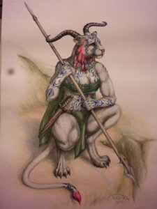 Rating: Safe Score: 0 Tags: 3:4 celtic clothed clothing crouching e621 felid female fur hi_res horn hybrid lion mammal markings melee_weapon pantherine polearm skimpy solo spear tail tattoo teiirka traditional_media_(artwork) tribal tribal_markings weapon white_body white_fur woad User: bunchy7s