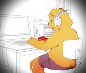 Rating: Questionable Score: 0 Tags: amber_eyes anthro bear biped black_nose bottomwear boxers_(clothing) brown_body brown_fur butt butt_cleavage chair clothed clothing computer e621 electronics fur furniture headphones hinami kemono keyboard male mammal office_chair open_mouth overweight overweight_anthro overweight_male pants screen sitting slightly_chubby solo tameiki_kyoudai topless underwear User: bunchy7s