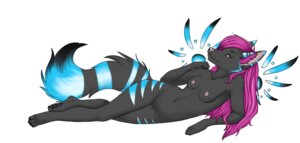 Rating: Questionable Score: 0 Tags: anthro breasts canid canine e621 eura female hair hi_res long_hair looking_at_viewer mammal nipples nude pink_hair pinup pose simple_background solo stripes tail white_background User: bunchy7s