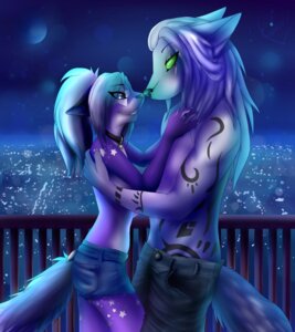 Rating: Safe Score: 0 Tags: 2012 angelos anthro blue_eyes canid canine clothed clothing collar cool_colors duo e621 eipril felid female hair hi_res jinxy_falina love male mammal moon night outside rooftop star tail tattoo topless white_hair User: bunchy7s