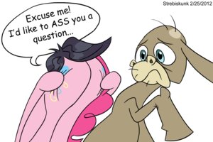 Rating: Questionable Score: 0 Tags: 2012 3:2 asinus butt cranky_doodle_donkey_(mlp) cutie_mark dialogue donkey duo e621 earth_pony english_text equid equine female feral friendship_is_magic hasbro horse humor male mammal my_little_pony pinkie_pie_(mlp) pony scared strebiskunk text wig User: bunchy7s