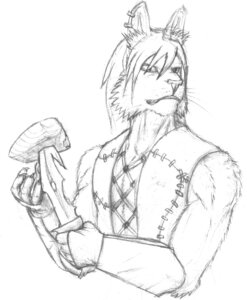 Rating: Safe Score: 0 Tags: 4_fingers black_and_white claws clothed clothing e621 ear_piercing felid fingers food frostwyrm102 holding_object holding_weapon knife looking_aside looking_at_viewer male mammal meat monochrome piercing simple_background sketch solo weapon whiskers white_background User: bunchy7s