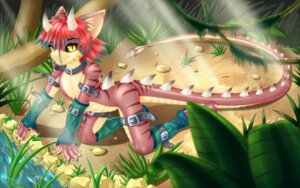 Rating: Questionable Score: 0 Tags: 16:10 2009 collar detailed_background digital_media_(artwork) e621 forest horn looking_at_viewer male nature nude outside plant scalie shaded solo tail tree tyranos widescreen wood yellow_eyes z00p User: bunchy7s