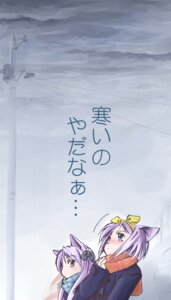 Rating: Safe Score: 0 Tags: 4:7 accessory animal_humanoid blue_eyes cat_humanoid clothing coat duo e621 felid felid_humanoid feline feline_humanoid female hair hair_accessory hair_ribbon hairband half-length_portrait hi_res humanoid japanese_text jason_(kaiten_kussaku_kikou) jiei_son kagami_hiiragi long_hair lucky_star mammal mammal_humanoid pattern_clothing pattern_scarf pigtails portrait power_lines purple_hair ribbons scarf short_hair sibling_(lore) sister_(lore) sisters_(lore) text topwear translation_request tsukasa_hiiragi twins_(lore) User: bunchy7s