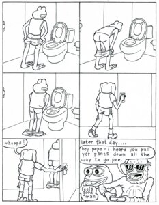 Rating: Explicit Score: 0 Tags: amphibian andy_(boy's_club) animal_ears anthro bathroom black_and_white bodily_fluids bottomwear bottomwear_down boy's_club butt canid canine canis clothed clothing comic content_repetition dialogue domestic_dog e621 english_text eyewear frog genital_fluids grid_layout group landwolf male mammal matt_furie meme monochrome one_page_comic pants pants_down partially_clothed peeing pepe_the_frog six_frame_grid six_frame_image solo_focus speech_bubble sunglasses text toilet urine urine_stream walk-in what User: bunchy7s