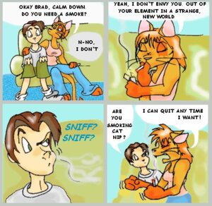 Rating: Safe Score: 0 Tags: anthro catnip cigarette comic dialogue domestic_cat drugs duo e621 english_text felid feline felis female furwillfly human humor low_res male mammal smoking tail text User: bunchy7s