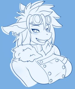 Rating: Safe Score: 0 Tags: 2013 anthro aquatic big_breasts blue_background blush breasts clothed clothing e621 ear_piercing eyewear female fish goggles hi_res jacket keller_(kellervo) looking_at_viewer monochrome non-mammal_breasts piercing shark simple_background skidd smile solo topwear uniform User: bunchy7s