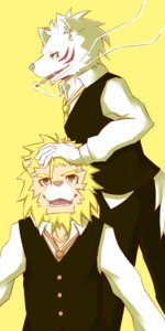 Rating: Safe Score: 0 Tags: 1:2 accessory anthro beard blonde_hair bottomwear canid canine canis cigarette clothed clothing collared_shirt dress_shirt duo e621 ear_piercing facial_hair felid fully_clothed fur hair hand_on_head lion male mammal necktie open_mouth pantherine pants piercing shirt short_hair silverio simple_background smoke smoking topwear vest white_body white_fur white_hair wolf yellow_background yellow_body yellow_fur User: bunchy7s
