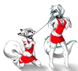 Rating: Questionable Score: 0 Tags: anthro blue_eyes canid canine canis clothed clothing collar crossdressing duo e621 female fur heart_symbol kneeling leash ly-ulf male mammal matching_outfits paws saya_darkmoon skissored tail tattoo white_body white_fur wolf User: bunchy7s