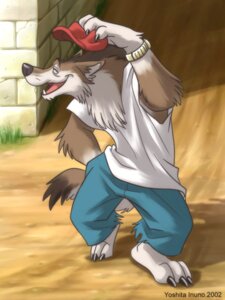 Rating: Safe Score: 0 Tags: 2002 3:4 anthro bottomwear bracelet brown_body brown_fur canid canine canis clothed clothing denim denim_bottomwear denim_clothing e621 fangs fully_clothed fur hat headgear headwear holding_clothing holding_hat holding_headgear holding_headwear holding_object jeans jewelry lifting_hat looking_at_viewer low_res male mammal open_mouth outside pants shirt solo tail tank_top teeth tongue topwear wolf yoshita_inuno User: bunchy7s